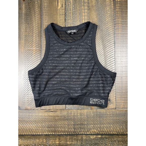 BEBE Sport, Sheer Black Stripe Black Sports Bra, BEBE Crystal Spellout, Size M - Picture 1 of 7